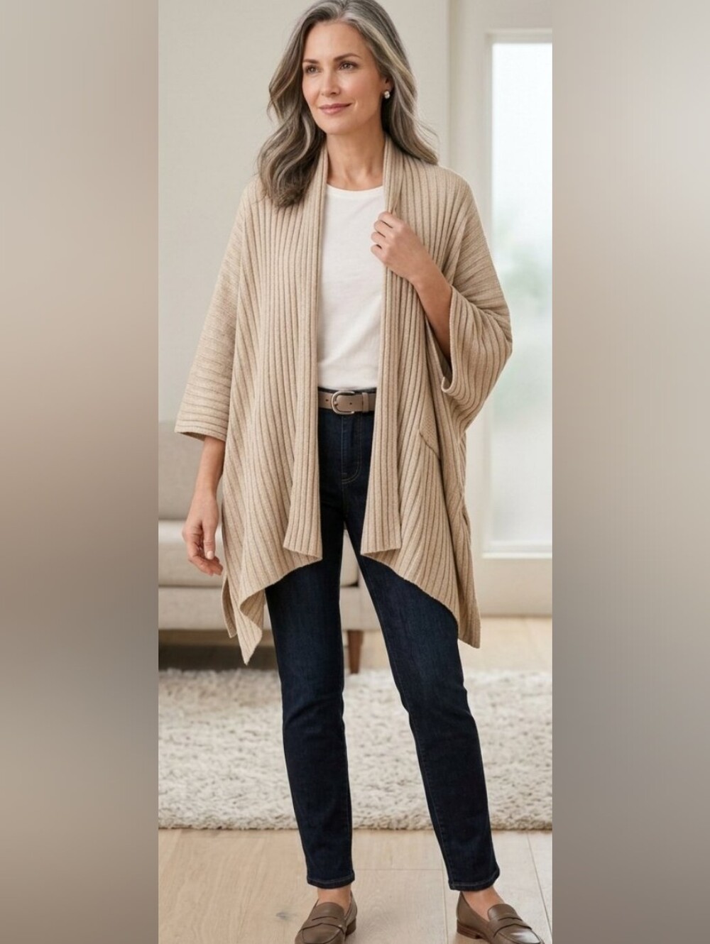 Chico's Taupe Ribbed Draped Shawl Cardigan